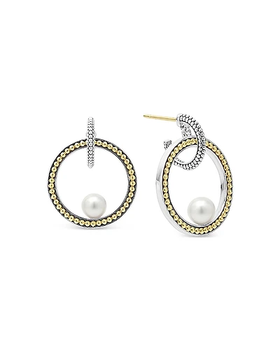 Lagos 18K Yellow Gold & Sterling Silver Luna Cultured Freshwater Pearl Interlocking Drop Hoop Earrings