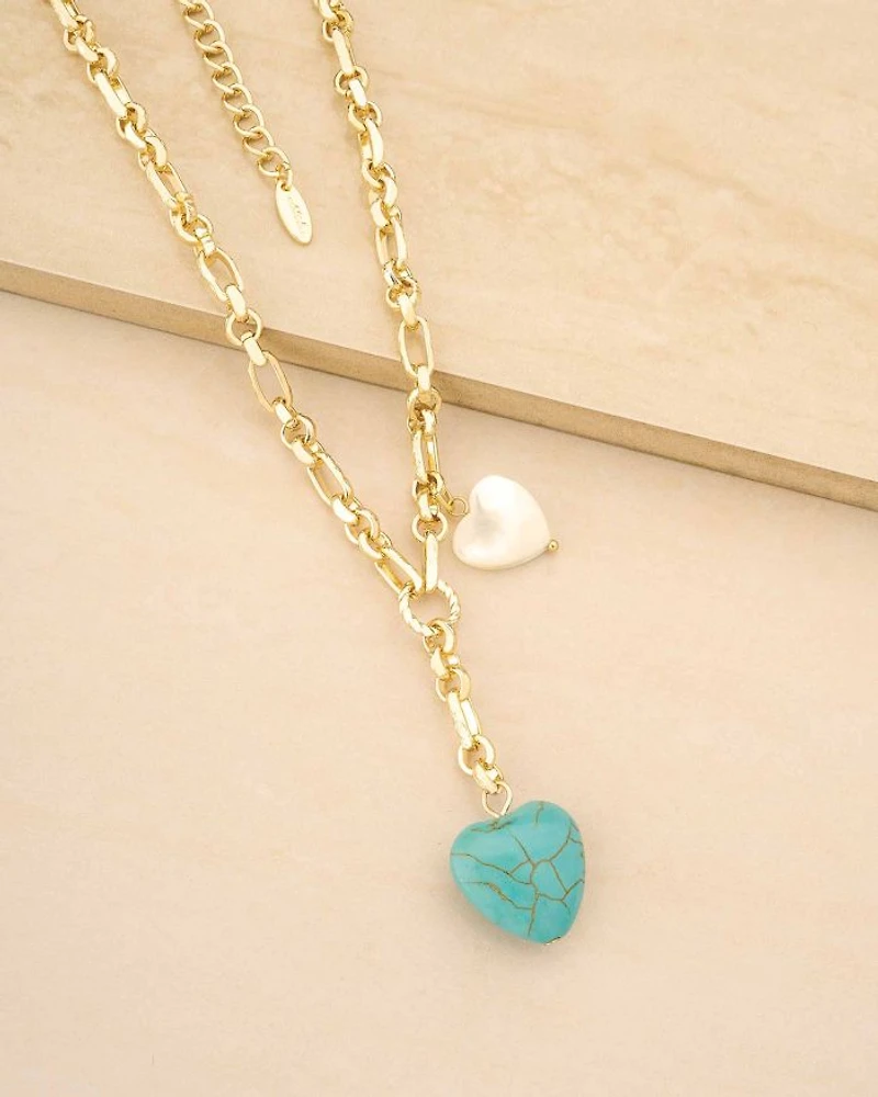 Turquoise & Mother of Pearl Heart 18K Gold Plated Lariat Necklace, 15"