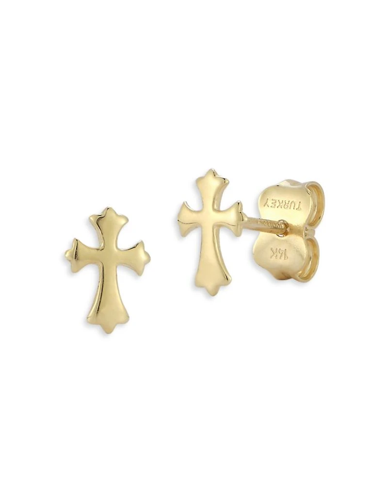 14K Yellow Gold Cross Stud Earrings - Exclusive