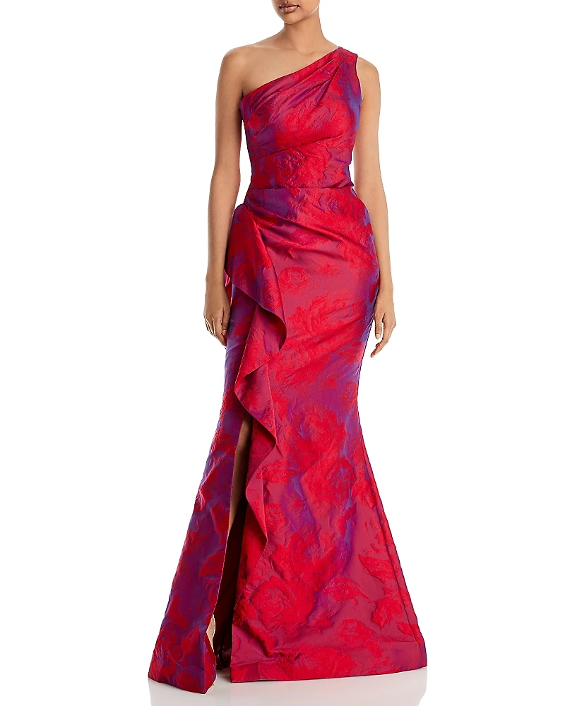 Teri Jon by Rickie Freeman One Shoulder Printed Jacquard Gown
