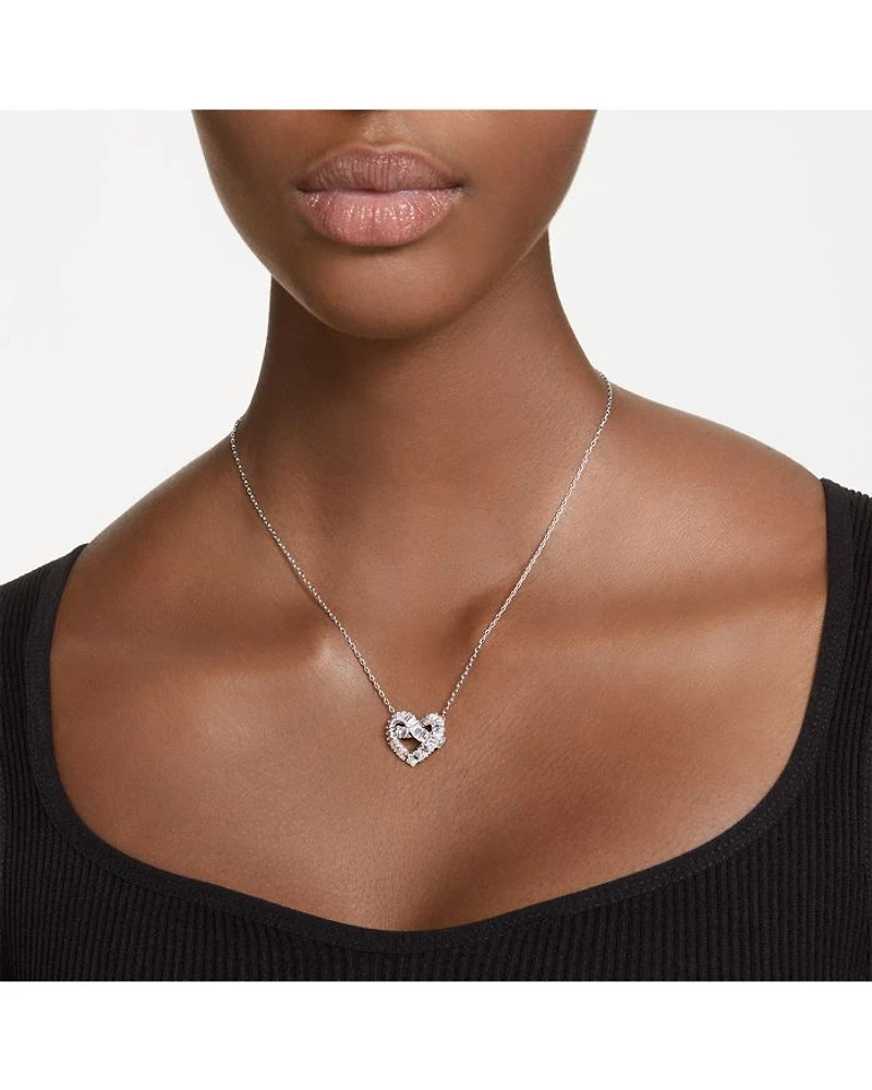 Matrix Baguette Crystal Woven Heart Pendant Necklace in Rhodium Plated, 15"-17"