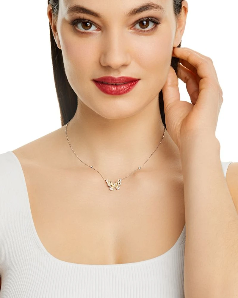 White & Yellow Diamond Butterfly Necklace in 14K Yellow & White Gold, 18"