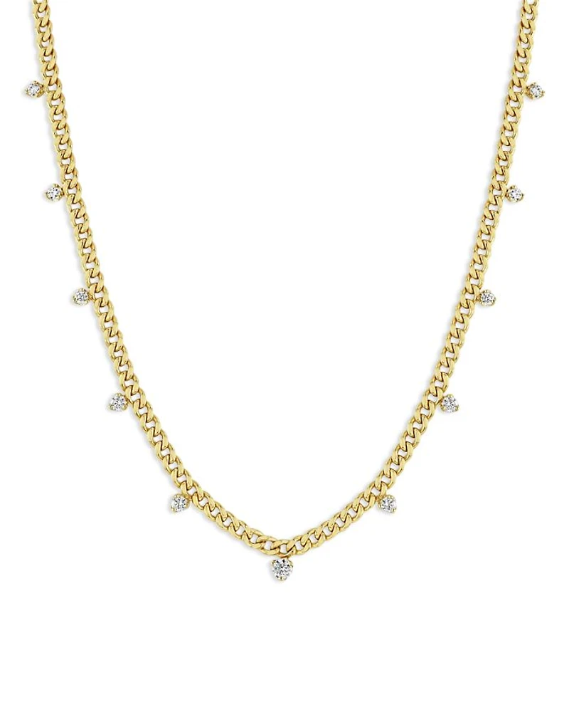 14K Yellow Gold Prong Diamonds Diamond Dangle Curb Link Collar Necklace, 16"