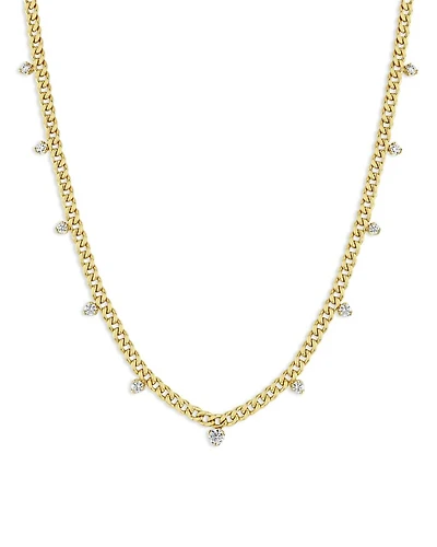 14K Yellow Gold Prong Diamonds Diamond Dangle Curb Link Collar Necklace, 16"