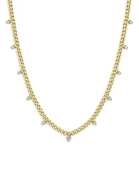 14K Yellow Gold Prong Diamonds Diamond Dangle Curb Link Collar Necklace, 16"