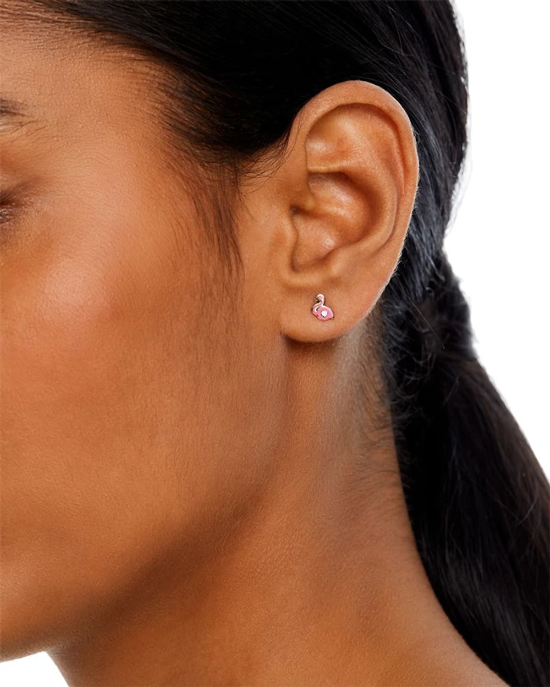 14K Yellow Gold Enamel Flamingo Stud Earrings - Exclusive