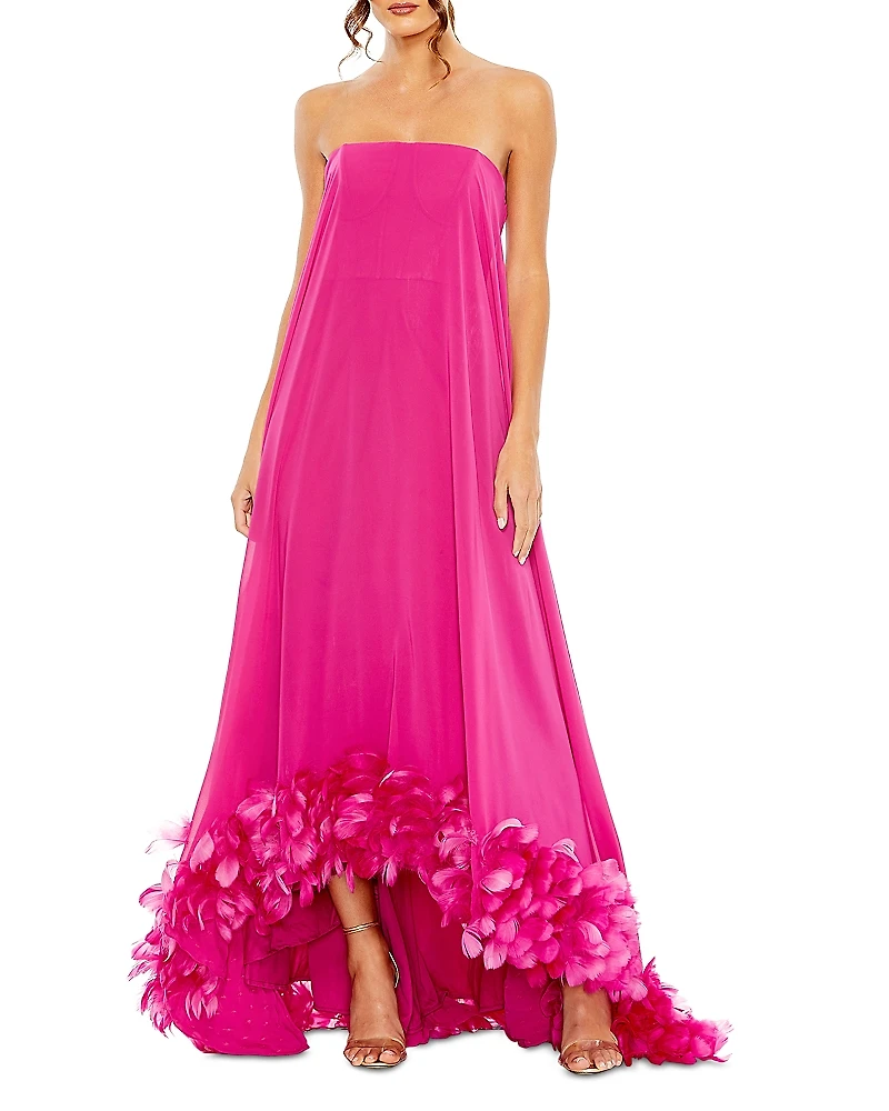 Mac Duggal Strapless Flared Feather Hem Gown