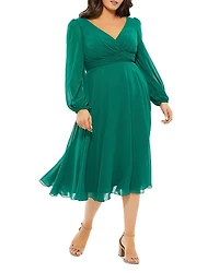 Mac Duggal Plus Pleated Bell Sleeve Chiffon Gown