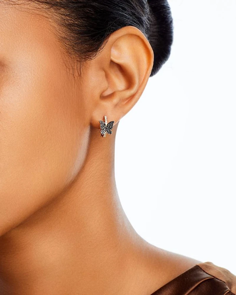 Black & White Diamond Butterfly Hoop Earrings in 14K Yellow Gold, 0.32 tcw