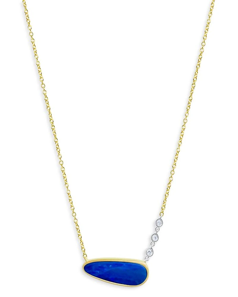 14K Yellow Gold Oval Opal & Diamond Necklace, 18" + 2" extender