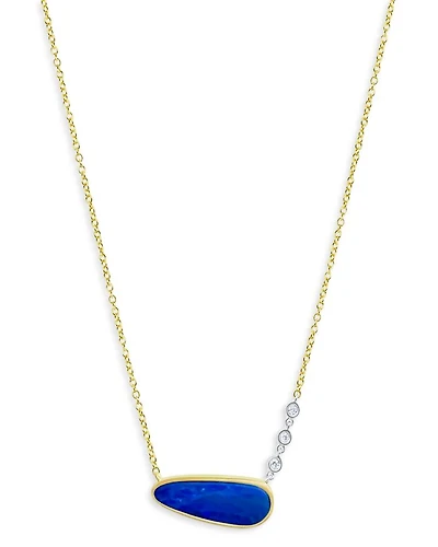 14K Yellow Gold Oval Opal & Diamond Necklace, 18" + 2" extender