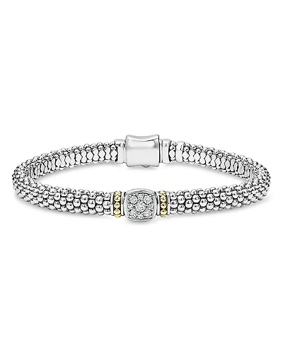 Lagos 18K Yellow Gold & Sterling Silver Rittenhouse Diamond Cluster Caviar Rope Bead Bracelet