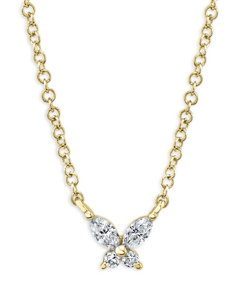 14K Yellow Gold Diamond Butterfly Pendant Necklace, 17"-18"
