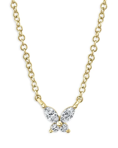 14K Yellow Gold Diamond Butterfly Pendant Necklace, 17"-18"