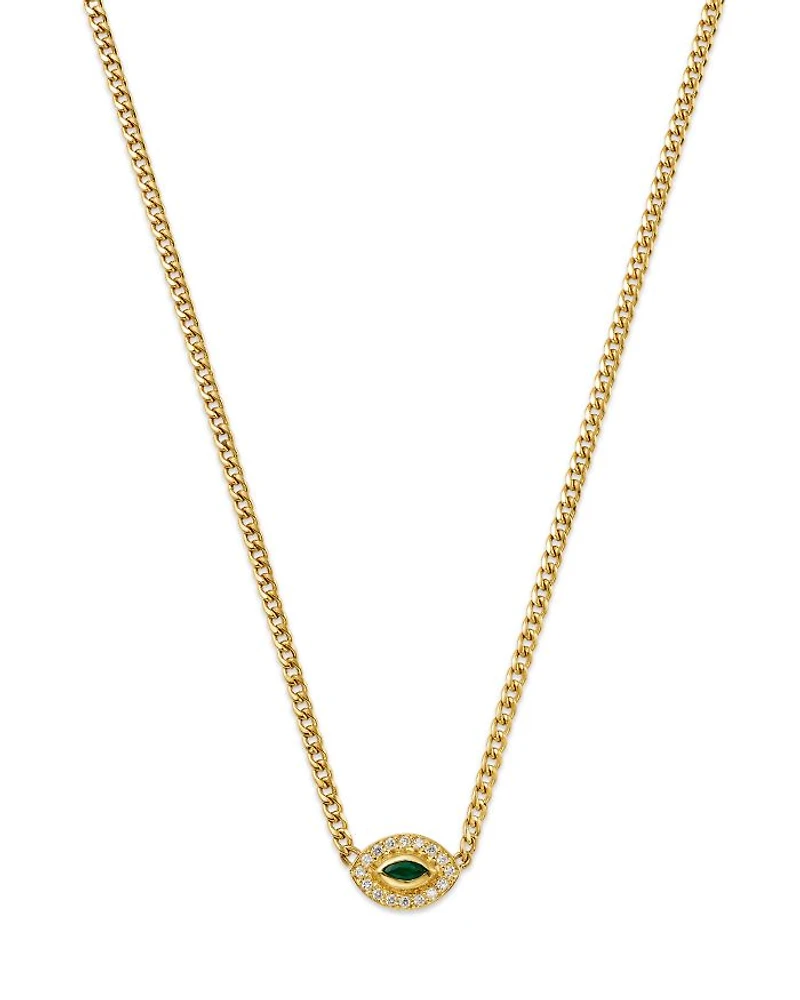 14K Yellow Gold Emerald & Diamond Evil Eye Pendant Necklace, 14-16"
