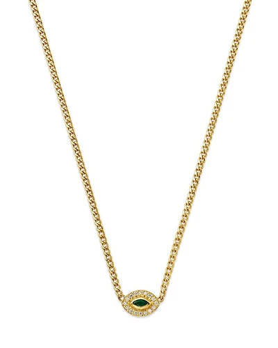 14K Yellow Gold Emerald & Diamond Evil Eye Pendant Necklace, 14-16"
