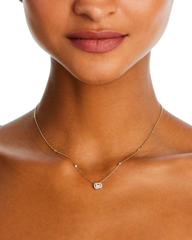 Diamond Emerald Cut Halo Pendant Necklace in 14K Yellow Gold, 0.60 tcw