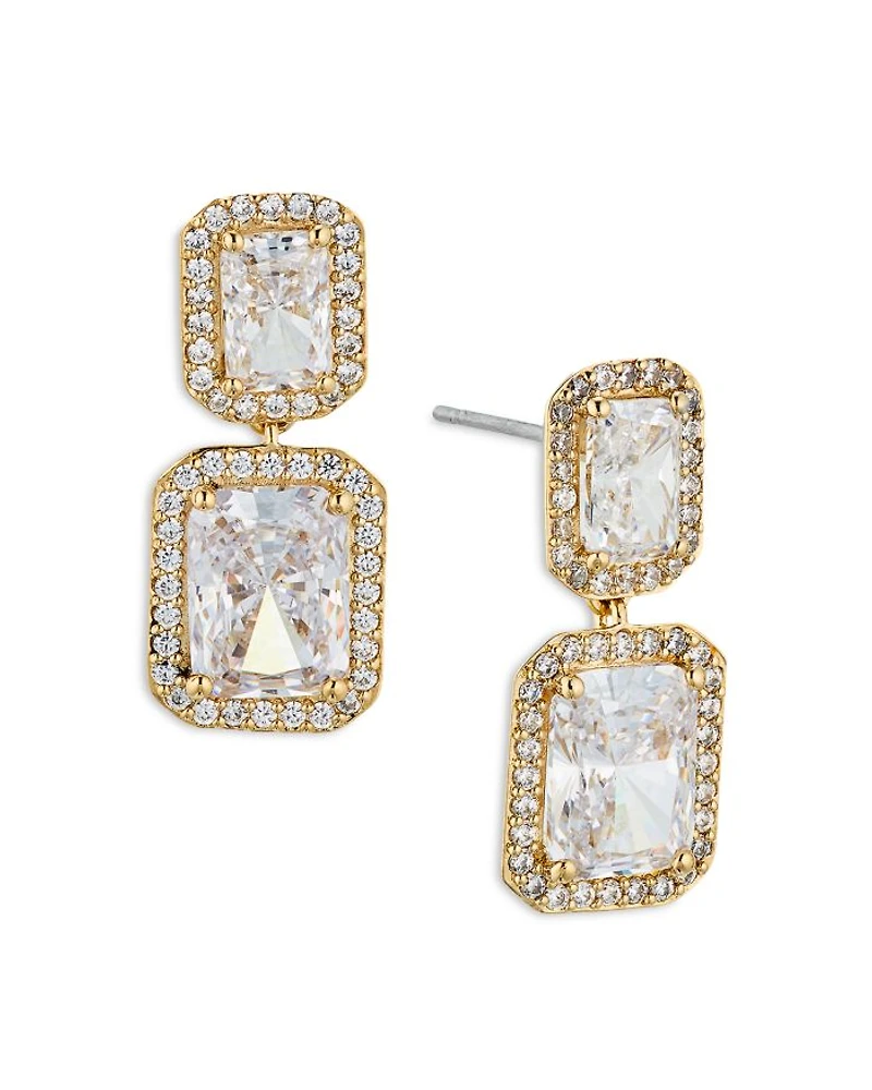 Emerald Cut Halo Drop Earrings 18K Gold Plated or Rhodium