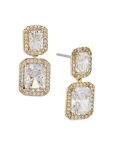Emerald Cut Halo Drop Earrings 18K Gold Plated or Rhodium