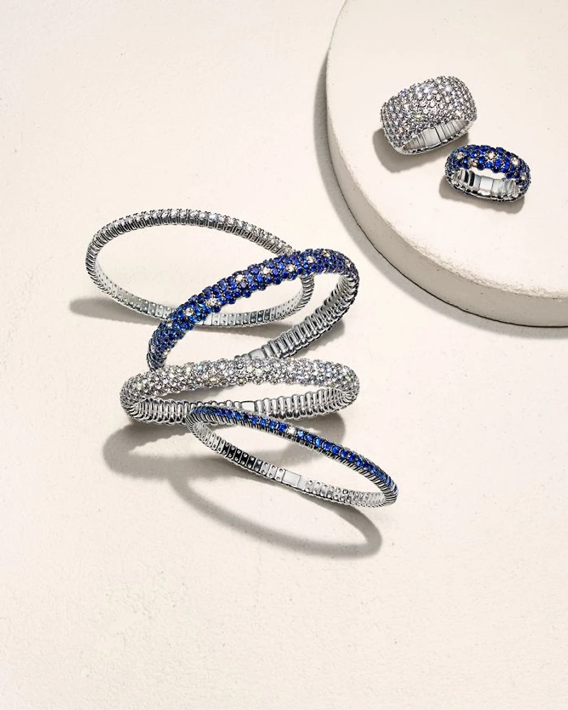 18K White Gold Stretch Sapphire & Diamond Domed Bracelet