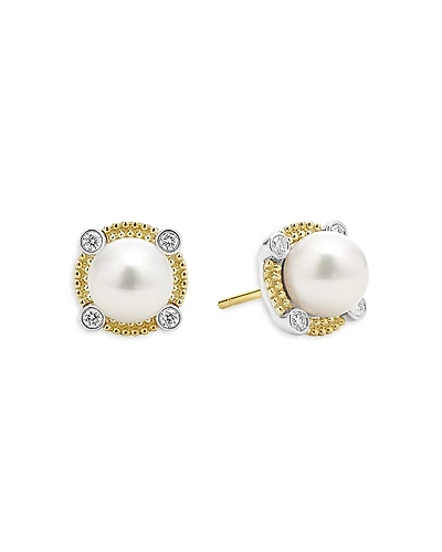 Lagos 18K Yellow Gold & Sterling Silver Luna Cultured Freshwater Pearl & Diamond Stud Earrings