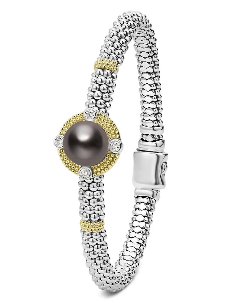 18K Yellow Gold & Sterling Silver Luna Black Tahitian Pearl & Diamond Caviar Bead Bracelet