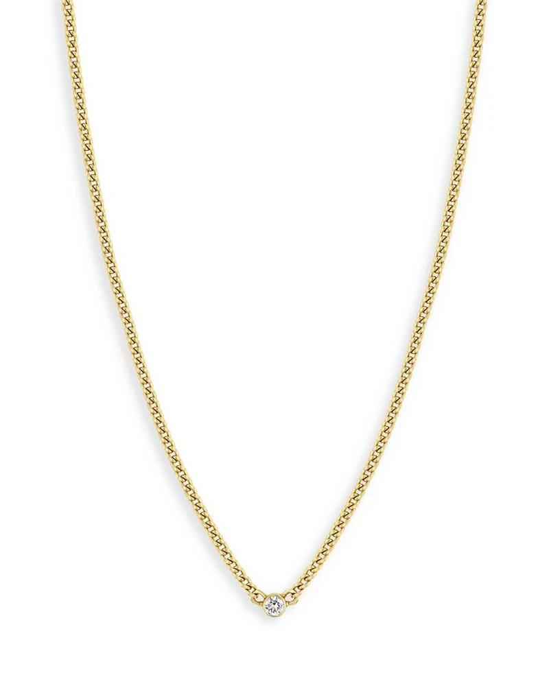 14K Yellow Gold Bezel Diamonds Curb Chain Pendant Necklace, 14"-16"