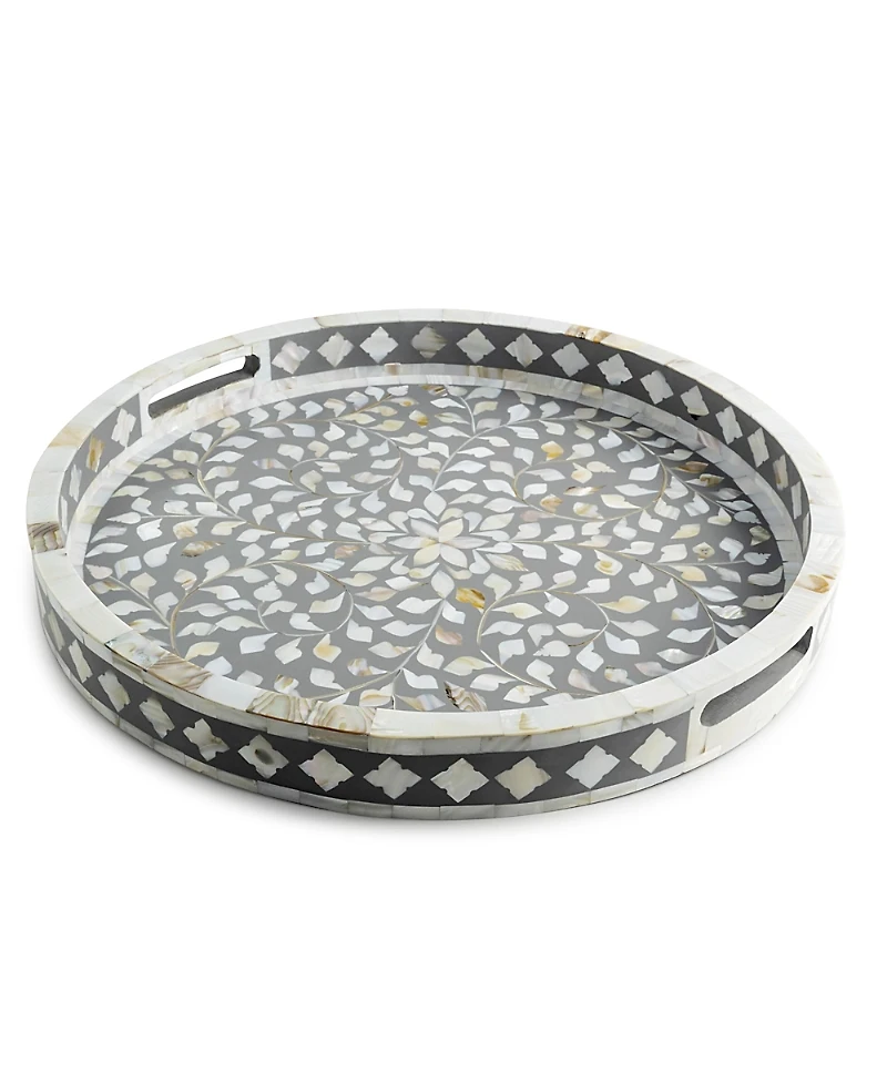 Gauri Kohli Jodhpur Mother of cultivated Pearl Decorative Tray - Black, 18"