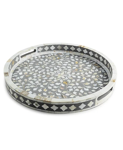 Gauri Kohli Jodhpur Mother of cultivated Pearl Decorative Tray - Black, 18"