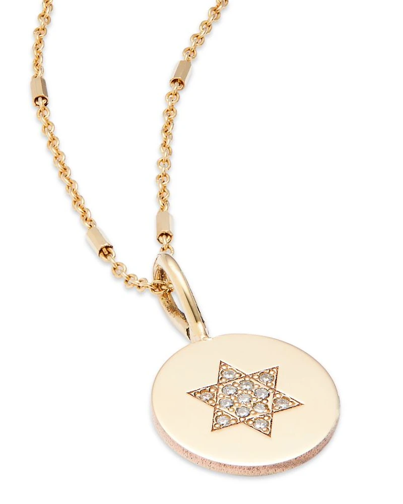 14K Yellow Gold Midi Bitty Symbols Diamond Star of David Disc Pendant Necklace, 18"