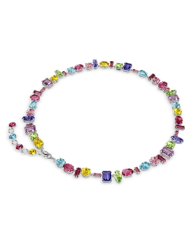 Gema Asymmetric Mixed Cut Crystal Necklace in Rhodium Plated, 14"