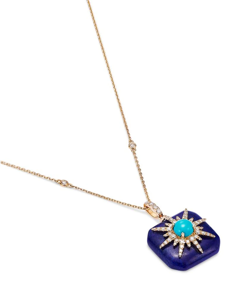 Lapis, Turquoise, & Diamond Starburst Pendant Necklace in 14K Yellow Gold, 18"