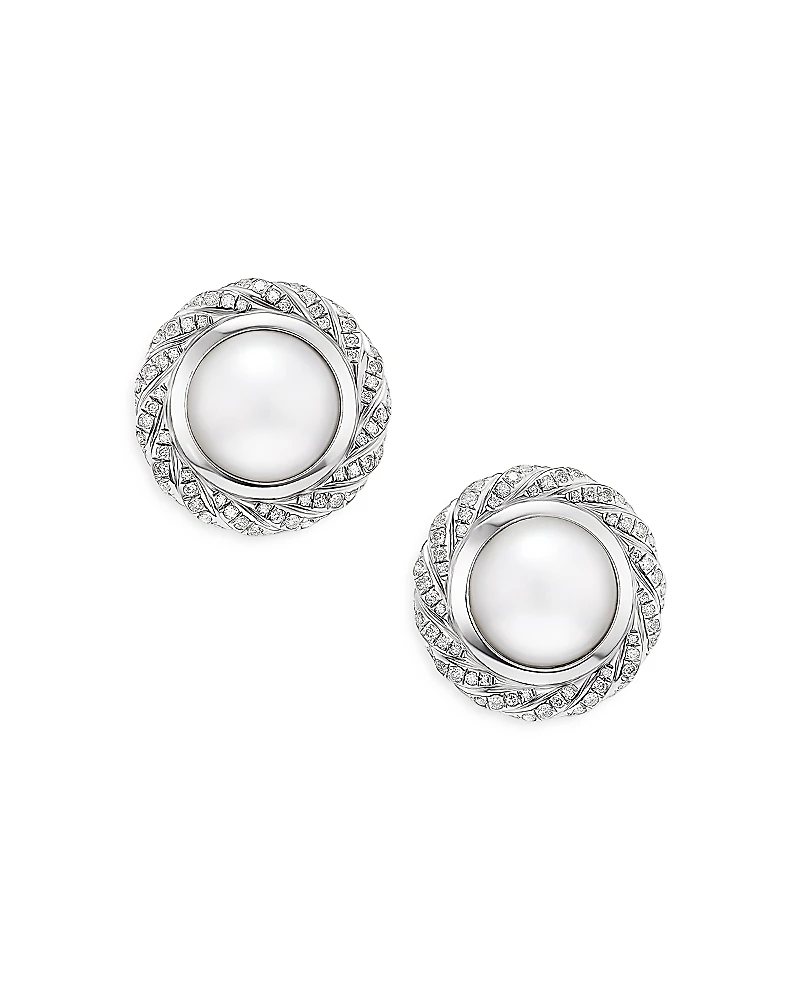 David Yurman Sterling Silver Pearl South Sea White Pearl & Diamond Halo Button Stud Earrings