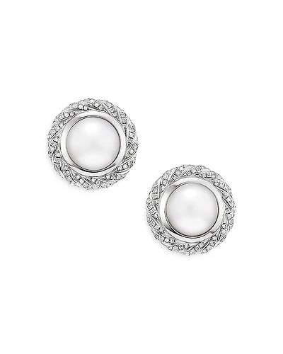 David Yurman Sterling Silver Pearl South Sea White Pearl & Diamond Halo Button Stud Earrings