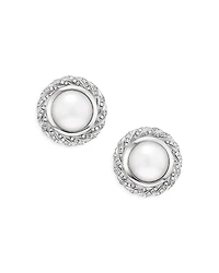 David Yurman Sterling Silver Pearl South Sea White Pearl & Diamond Halo Button Stud Earrings