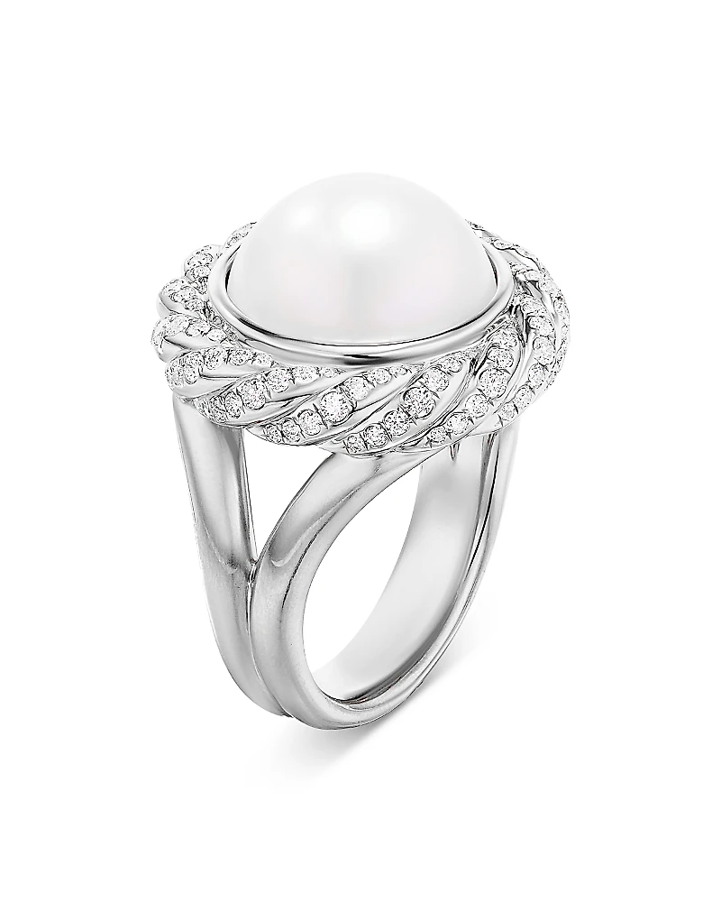 David Yurman Sterling Silver Pearl South Sea White Pearl & Diamond Halo Ring