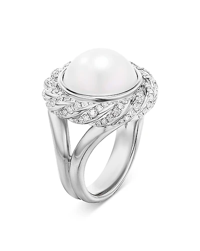 David Yurman Sterling Silver Pearl South Sea White Pearl & Diamond Halo Ring