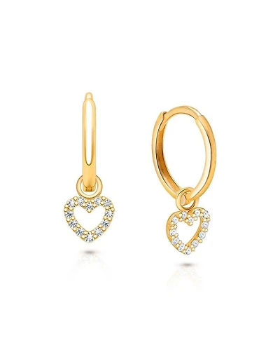 Girls' 14K Gold Pave Heart Drop Classic 11mm Huggie Hoop Earrings - Little Kid, Big Kid