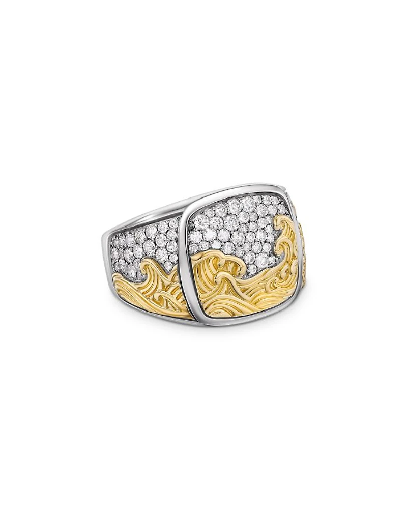 Men's Waves Signet Ring in Sterling Silver with 18K Yellow Gold and Diamonds, 18.8mm