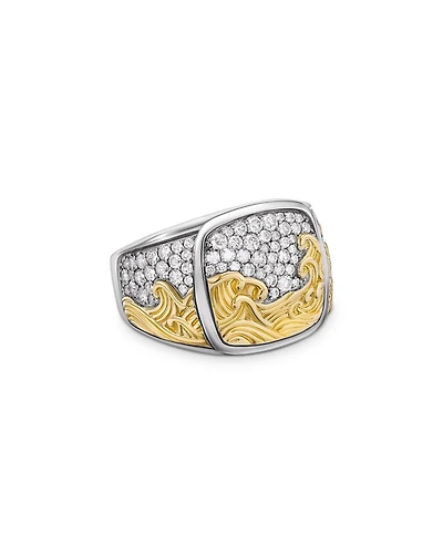 Men's Waves Signet Ring in Sterling Silver with 18K Yellow Gold and Diamonds, 18.8mm