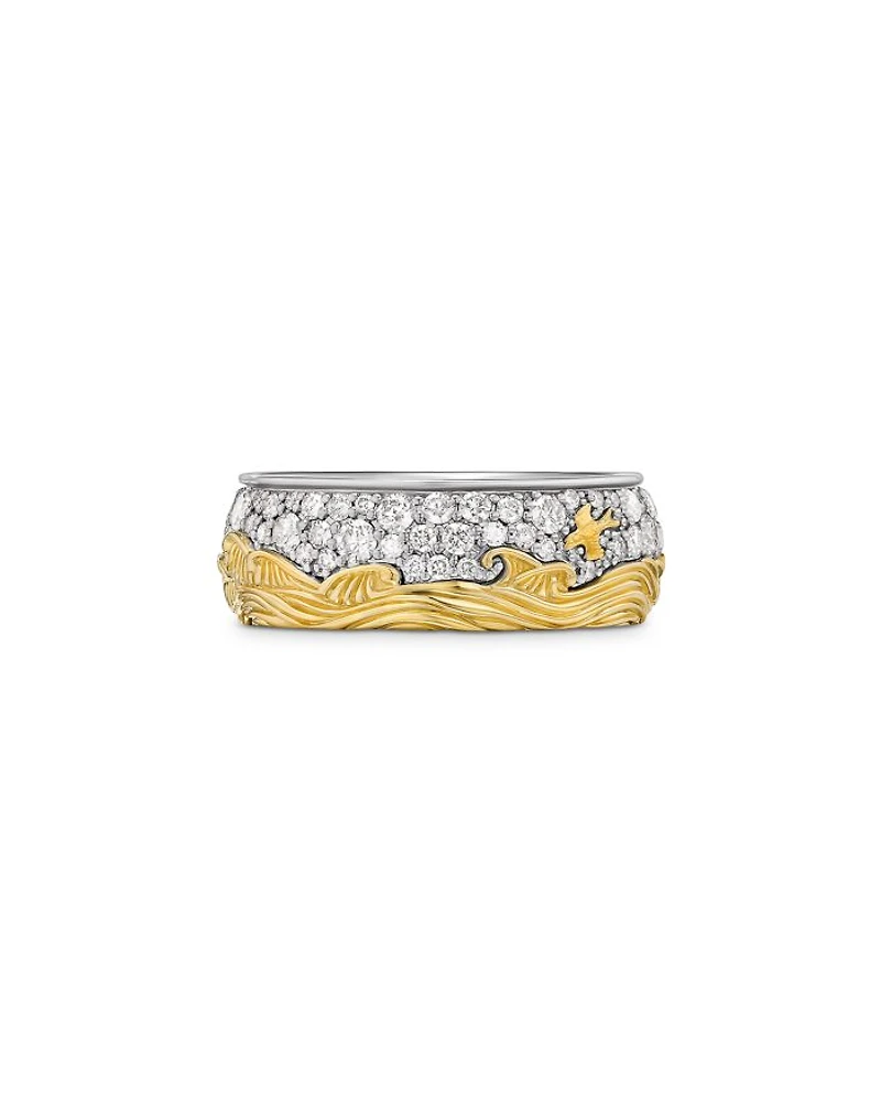 Men's Waves Band Ring in Sterling Silver with 18K Yellow Gold with Diamonds, 8.7mm