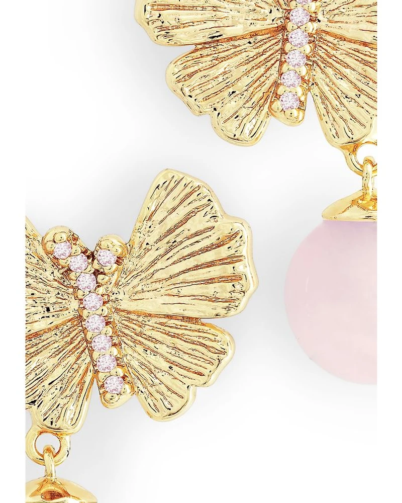 Butterfly Rose Quartz Drop Earrings in 18K Gold Plated