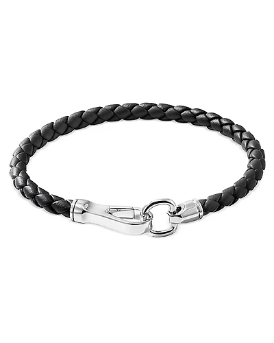 John Hardy Men's Silver Woven Leather Hook Clasp Bracelet