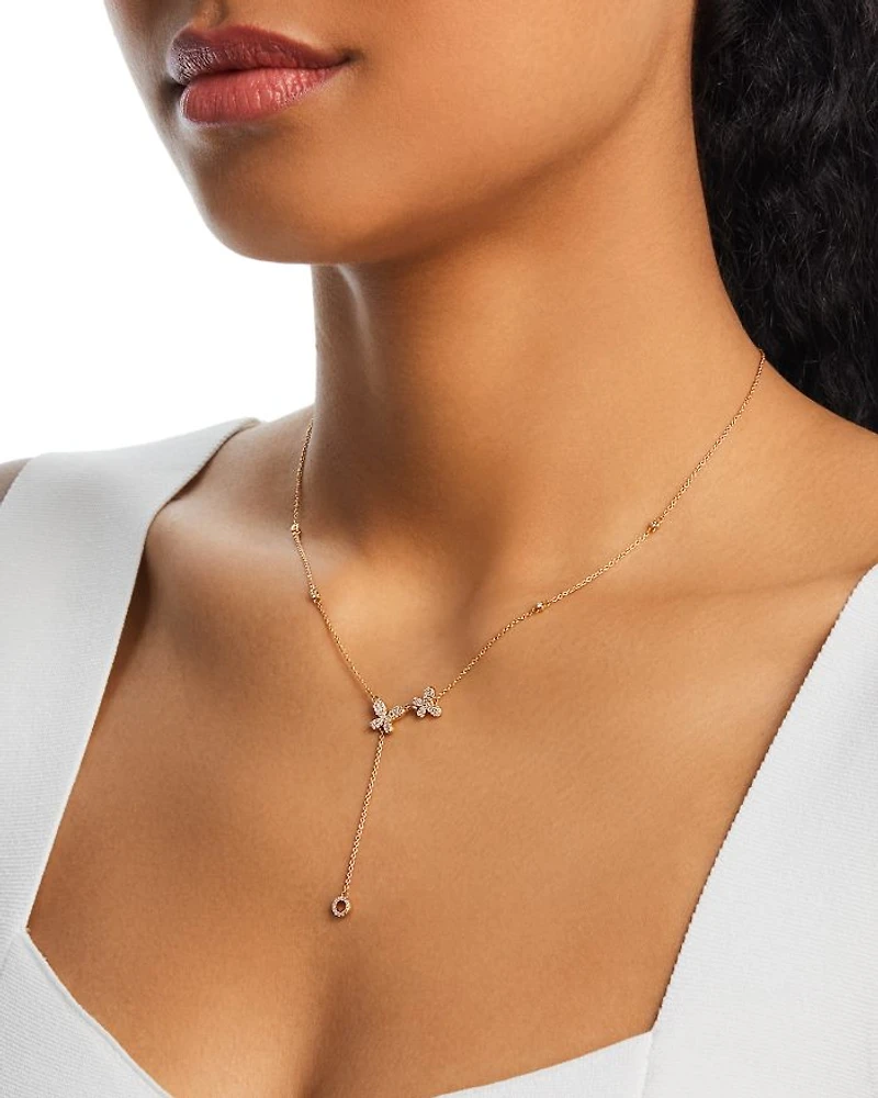 14K Yellow Gold Diamond Butterfly Lariat Necklace, 18"