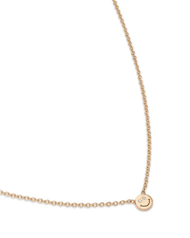 14K Yellow Gold Itty Bitty Smiley Face Diamond Eyes Pendant Necklace, 16"