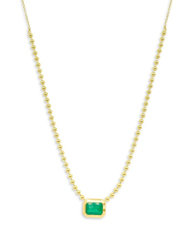 14K Yellow Gold Ball Chain Emerald Solitaire Necklace, 18"