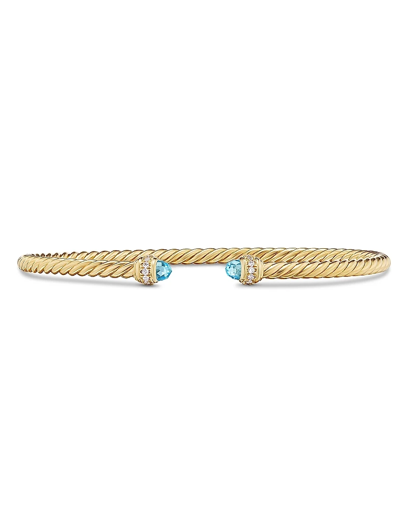 David Yurman 18K Yellow Gold Classic Cablespira Pave Diamond & Blue Topaz Bracelet