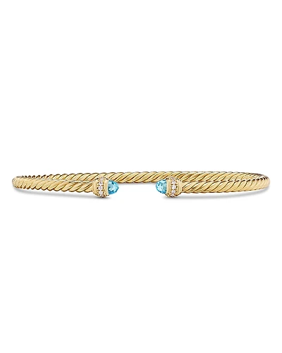 David Yurman 18K Yellow Gold Classic Cablespira Pave Diamond & Blue Topaz Bracelet