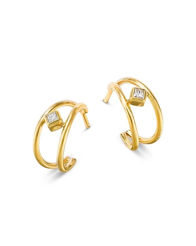 14K Yellow Gold Princess Diamonds Double Wire Huggie Hoop Earrings