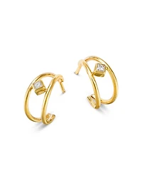 14K Yellow Gold Princess Diamonds Double Wire Huggie Hoop Earrings